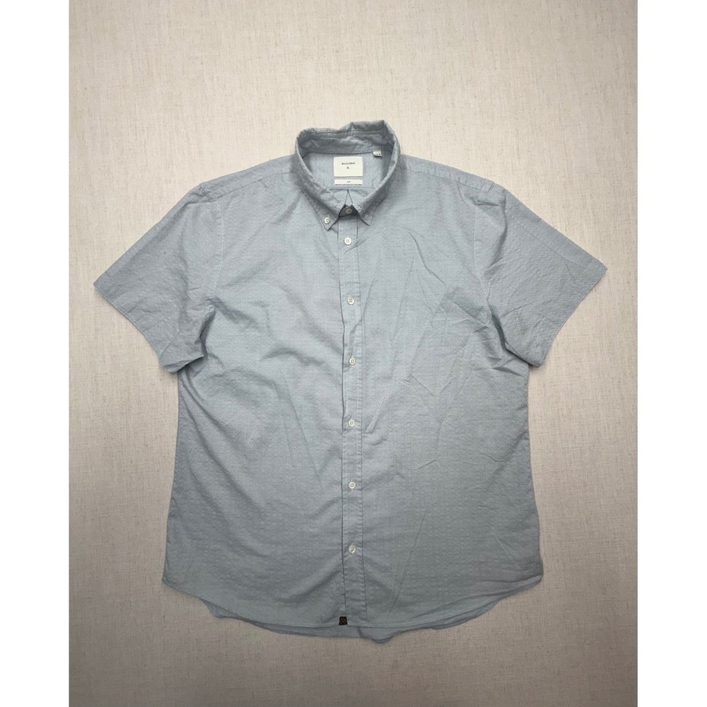 Billy Reid Slim Fit Short Sleeve Button Down Shirt Blue Dobby Textured Mens XL